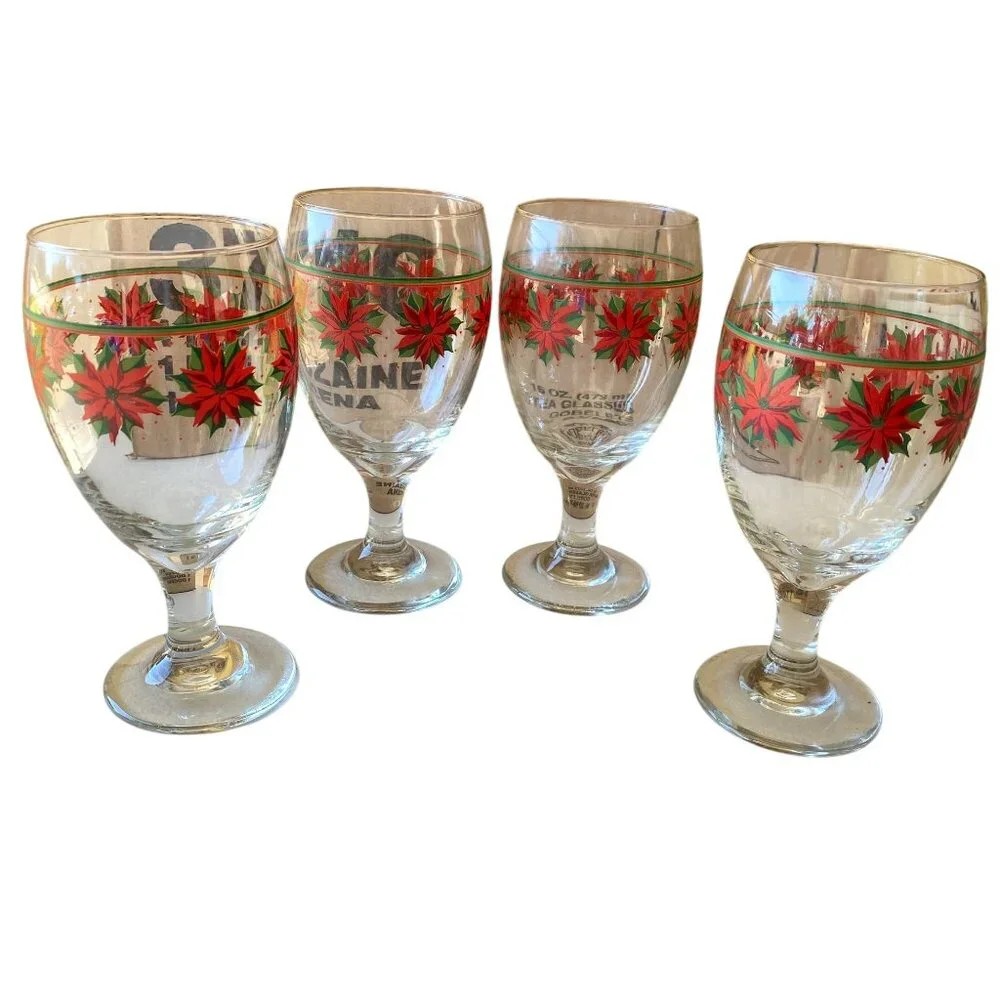 Vintage Libbey Christmas poinsettia glasses goblets wine water flower dinnerware
